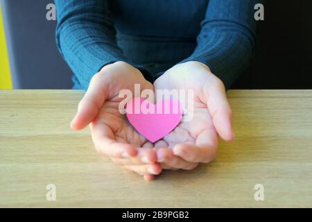 Il cuore di carta rosa si trova nelle palme aperte di una ragazza in un maglione blu. Foto Stock