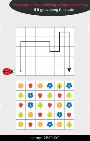 Conteggio bacche. Labirinto gioco percorso labirinto, carino personaggio cartoon, attività foglio di lavoro prescolare per i bambini, compito per lo sviluppo del pensiero logico Illustrazione Vettoriale