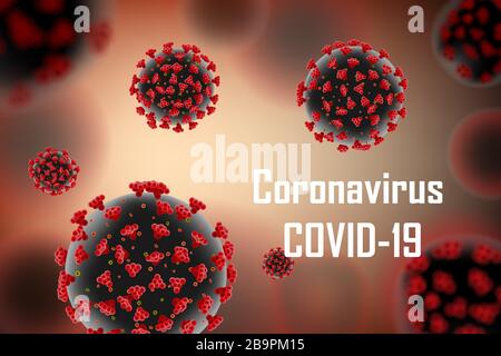 Sfondo realistico dell'epidemia medica di coronavirus. Pandemic Coronavirus 2019-ncov Alert concetto banner design. Vettore della molecola rossa delle cellule virali Illustrazione Vettoriale