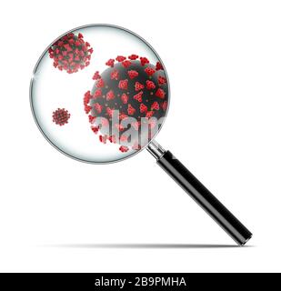 Banner coronavirus 2019-ncov con lente d'ingrandimento. Malattia medica del virus, infezione da Coronavirus sfondo della molecola. Illustrazione vettoriale. Illustrazione Vettoriale