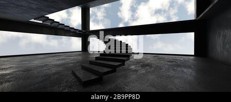 Interni di uffici loft moderni vuoti in cemento scuro con scale, grandi finestre e architettura futuristica cielo blu rendering 3d illustrazione Foto Stock
