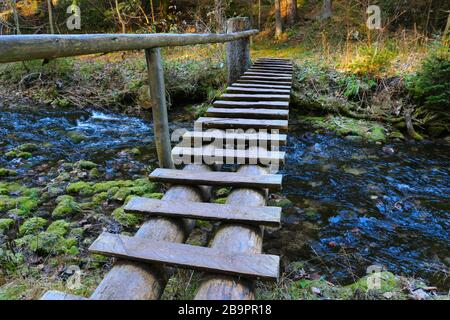 Ponte in legno sul fiume di montagna. Prendetela nella zona di Slovensky Raj, Slovacchia. Foto Stock