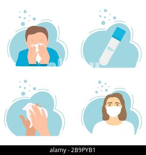 Set vettoriale di icone sul tema della malattia virale. Un uomo starnutisce in un fazzoletto, la disinfezione delle mani, un medico in una maschera medica. Illustrazione Vettoriale