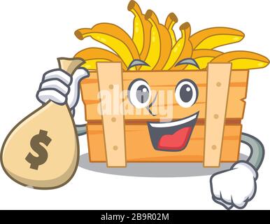 Smiley ricco scatola di frutta di banana cartoon carattere portare borse di denaro Illustrazione Vettoriale