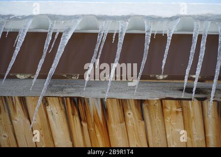 Fusione di iciclette appese a un tetto con gocce d'acqua che cadono. Foto Stock