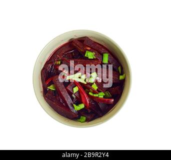 Meera Sodha's , curry di barbabietole, cucina dello Sri Lanka, piatti tradizionali assortiti, vista dall'alto. Foto Stock