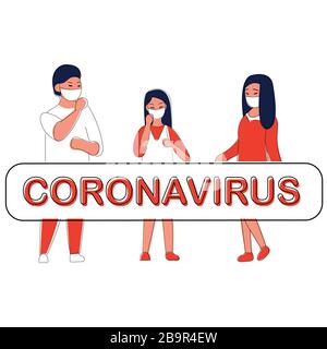 Wuhan romanzo coronavirus 2019-nCoV , donne e uomini con maschera medica per il viso. Concetto di quarantena del coronavirus. Il virus è come i blot. Vettore Illustrazione Vettoriale