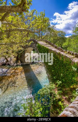 Vecchio ponte in pietra a Klidonia Zagori, Epiro, Grecia occidentale. Questo ponte ad arco con arco allungato costruito nel 1853. Foto Stock