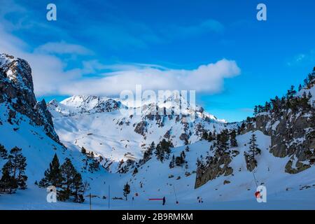 Sciare nella località sciistica di la Mongie, Bagnères-de-Bigorre, Francia. PIC du Midi de Bigorre è sullo sfondo. Foto Stock