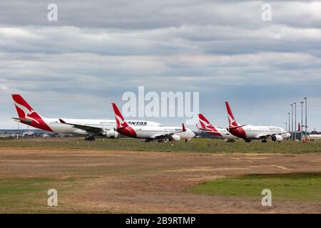 L'aeromobile Qantas parcheggiato all'aeroporto di Avalon è stato messo a terra durante i tagli di volo durante l'epidemia di COVID-19 (Coronavirus) che ha paralizzato l'aereo Foto Stock