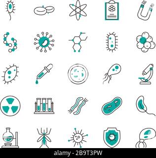 Virus half line half color style Icon set design, batterio organismo molecola microbi malattia cellulare salute medica e infezione tema Vector illustrazione Illustrazione Vettoriale