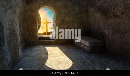 È risorto. Tomb. Vuota Crocifissione all'alba. -rendering 3d. - illustrazione. Foto Stock