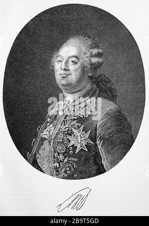 Re Luigi XVI all'età di 31 anni, Luigi XVI agosto di Francia (23 agosto 1754 - 21 gennaio 1793) Dalla Casa di Borbone fu come Luigi Auguste primo duca di Berry e divenne dopo la morte del padre nel 1765 Dauphin e dopo la morte del nonno nel 1774 infine re di Francia e Navarra / König Ludwig XVI. Im Alter von 31 Jahren, Ludwig XVI August von Frankreich (23. Agosto 1754 - 21. Januar 1793) aus dem Haus der Bourbonen war als Louis Auguste zunächst Herzog von Berry und wurde nach dem Tode seines Vaters 1765 Dauphin sowie nach dem Tode seines Großvaters 1774 schließl Foto Stock