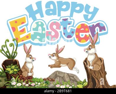 Buon design del carattere pasquale con coniglietti pasquali nell'illustrazione del giardino Illustrazione Vettoriale
