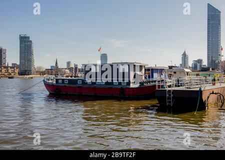 Houseboats ormeggiato su Cheyne Wharf, sul Tamigi da Chelsea Embankment, vicino a Cheyne Walk, Chelsea, Londra Foto Stock