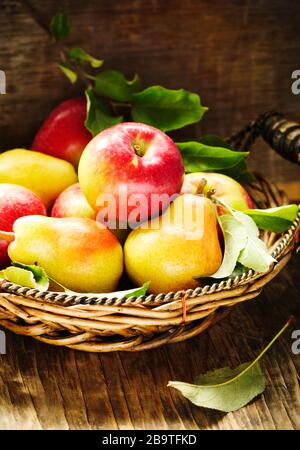 Mele e pere fresche su tavola di legno. Raccolta autunnale Foto Stock