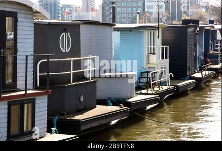 Houseboats ormeggiato su Cheyne Wharf, sul Tamigi da Chelsea Embankment, vicino a Cheyne Walk, Chelsea, Londra Foto Stock