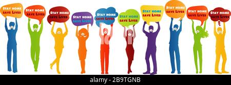Gruppo di persone silhouette con maschera medica che tiene la bolla del discorso con il messaggio 'casa di casa salvare vite'. Quarantena del coronavirus Covid-19 Illustrazione Vettoriale