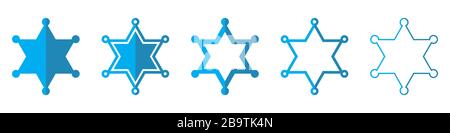 Icone vettore Star di Sheriff. Set di simboli a stella su sfondo bianco. Illustrazione vettoriale. Varie stelle di sceriffo blu Illustrazione Vettoriale