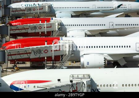 Gatwick, Regno Unito – 31 luglio 2018: Aerei aerei tipi di aerei foto simbolica all'aeroporto di Londra Gatwick (LGW) nel Regno Unito. Foto Stock