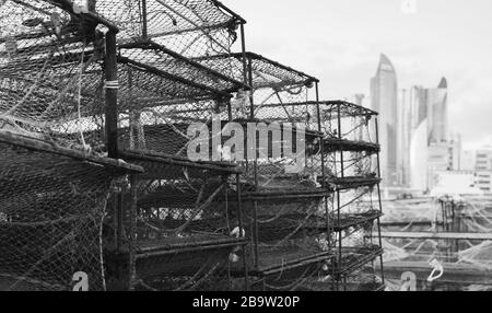 Le trappole per i granchi si trovano nel porto di pesca di Busan, Corea del Sud. Bianco e nero Foto Stock