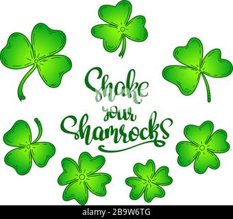 Agitare i vostri Shamrocks, vettore impostato per St.Patricks giorno, mano scritta frase scritta e 7 foglie di trifoglio Illustrazione Vettoriale