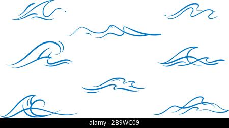 Set vettoriale di diverse semplici onde d'oceano a forma di piscetta stilizzata Illustrazione Vettoriale