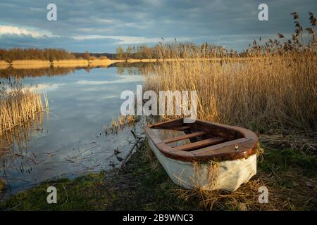 Una piccola barca sulla riva del lago, canne secche, orizzonte e cielo nuvoloso Foto Stock