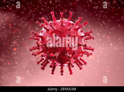 Vista microscopica di Coronavirus, un patogeno che attacca il tratto respiratorio. Covid-19. Analisi e test, sperimentazione. SARS Foto Stock