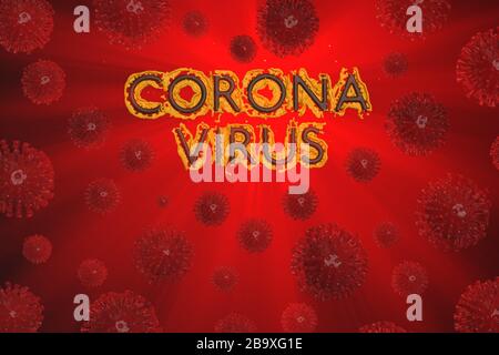 Coronavirus Wuhan, Cina COVID-19 iscrizione con cellule corona intorno. Illustrazione 3d delle condizioni epidemiche su sfondo rosso Foto Stock