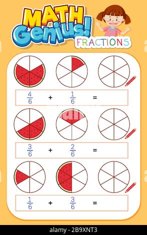 Progettazione di fogli di lavoro per la matematica genio ragazza e frazioni grafico illustrazione Illustrazione Vettoriale