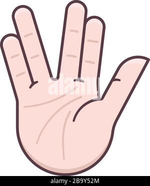 Vulcan saluta mano gesto isolato vettore illustrazione per Star Trek primo giorno di contatto il 5 aprile. Simbolo di apprezzamento della fantascienza. Illustrazione Vettoriale