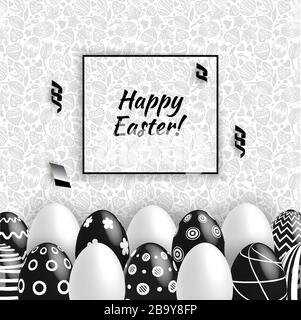 Uova di Pasqua bianche nere su sfondo grigio senza cuciture. Vettore impostato per la vacanza. Carta Pasqua Bianco Nero Illustrazione Vettoriale