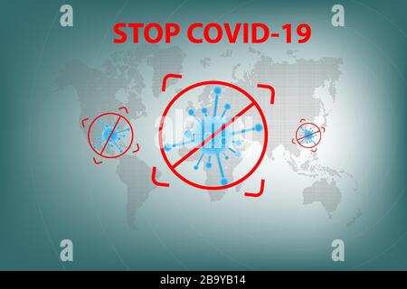 Stop focolaio di coronavirus (COVID-19) segno e simbolo, che si diffonde da Wuhan metà della Cina a tutto il mondo in background verde. Illustrazione Vettoriale