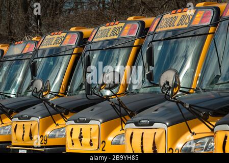 Coronavirus, autobus della scuola di inattività, Lexington, Massachusetts, Stati Uniti. 24 marzo 2020. Più di 50 scuolabus inattivi nel pomeriggio di un giorno feriale. Lexington, con una popolazione di oltre 30,000 abitanti, vicino a Boston, Massachusetts, ha chiuso le 11 scuole pubbliche della città a causa del fatto che il Coronavirus ha colpito i 7,000 studenti del distretto scolastico. Foto Stock