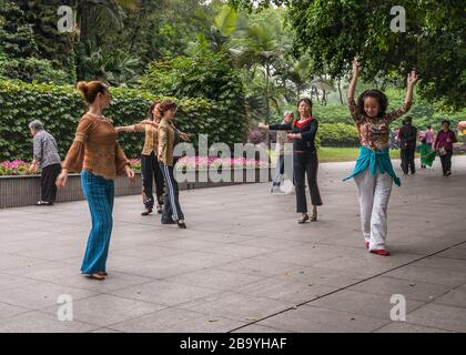 Chongqing, Cina - 9 maggio 2010: Spettacolo di danza di gruppo nel parco dello zoo. Diverse donne in abbigliamento quotidiano regolare si muovono individualmente sulla musica. Foto Stock