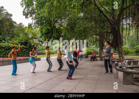 Chongqing, Cina - 9 maggio 2010: Spettacolo di danza di gruppo nel parco dello zoo. La gente guarda parecchie donne in vestiti quotidiani normali si muovono individualmente sulla tun Foto Stock