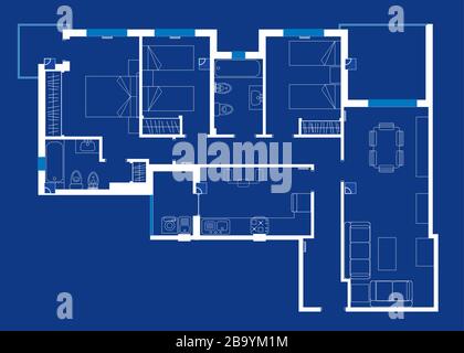 Illustrazione vettoriale. Blueprint con mobili disegnati e distribuzione. Illustrazione Vettoriale