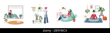 Giovani donne e uomini sono seduti a casa, in camera o in appartamento, praticando yoga, godendo di meditazione, rilassarsi sul divano, leggere libri, cuocere e. Illustrazione Vettoriale
