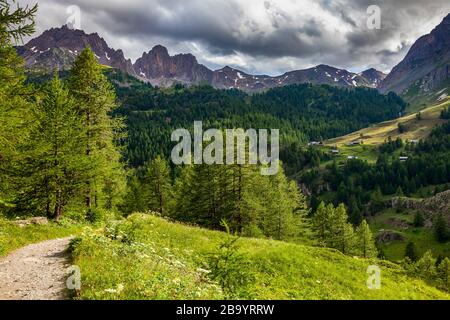 Sentiero nelle Alpi nella Valle di Claree in Hautes Alpes, Nevache, Francia. Sullo sfondo c'è la cresta del Diavolo e la cresta dell'uva. Foto Stock