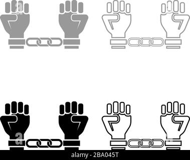 Mani ammanettate incatenate armi umane concetto prigioniero Manacles su uomo idea di detenzione Fetters confinano grilli su persona icona contorno set grigio nero Illustrazione Vettoriale