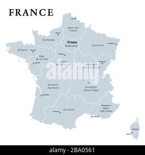 Francia, mappa politica grigia. Regioni della Francia metropolitana. Repubblica francese, capitale Parigi, regioni amministrative e prefetture. Foto Stock
