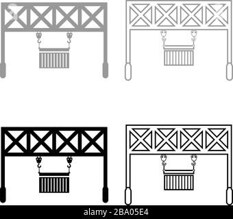 Port loader gru ferroviaria con container cargo sollevamento merci tecnologia logistica Servizio terminale icona profilo set nero grigio colore vettore Illustrazione Vettoriale