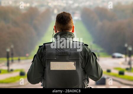 Ufficiale PSNI presso gli edifici del Parlamento, Stormont, Belfast, che non indossa una cravatta o un cappello per motivi di sicurezza, a causa della difficoltà di disinfettare su basi regolari alla luce del Covid-19. Foto Stock