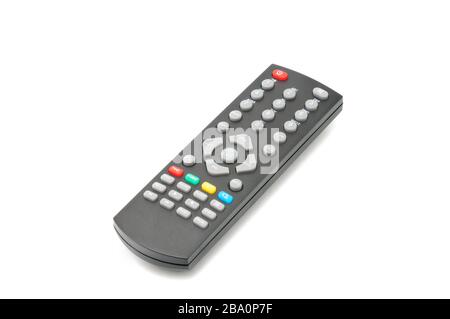 Telecomando per sintonizzatori TV digitali, lettori musicali e unità disco su sfondo bianco isolato Foto Stock