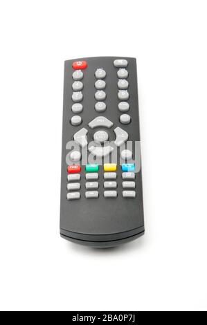 Telecomando per sintonizzatori TV digitali, lettori musicali e unità disco su sfondo bianco isolato Foto Stock