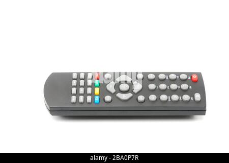Telecomando per sintonizzatori TV digitali, lettori musicali e unità disco su sfondo bianco isolato Foto Stock