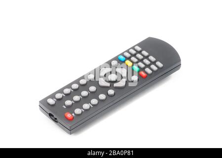 Telecomando per sintonizzatori TV digitali, lettori musicali e unità disco su sfondo bianco isolato Foto Stock