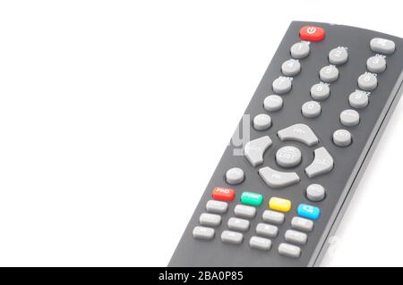 Telecomando per sintonizzatori TV digitali, lettori musicali e unità disco su sfondo bianco isolato Foto Stock