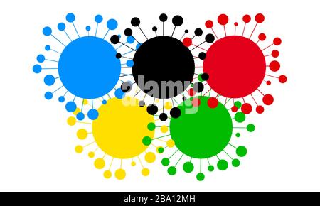 Disegno concettuale della bandiera olimpica che illustra l'incidenza del coronavirus del covid-19 alle Olimpiadi di Tokyo 2020. Foto Stock